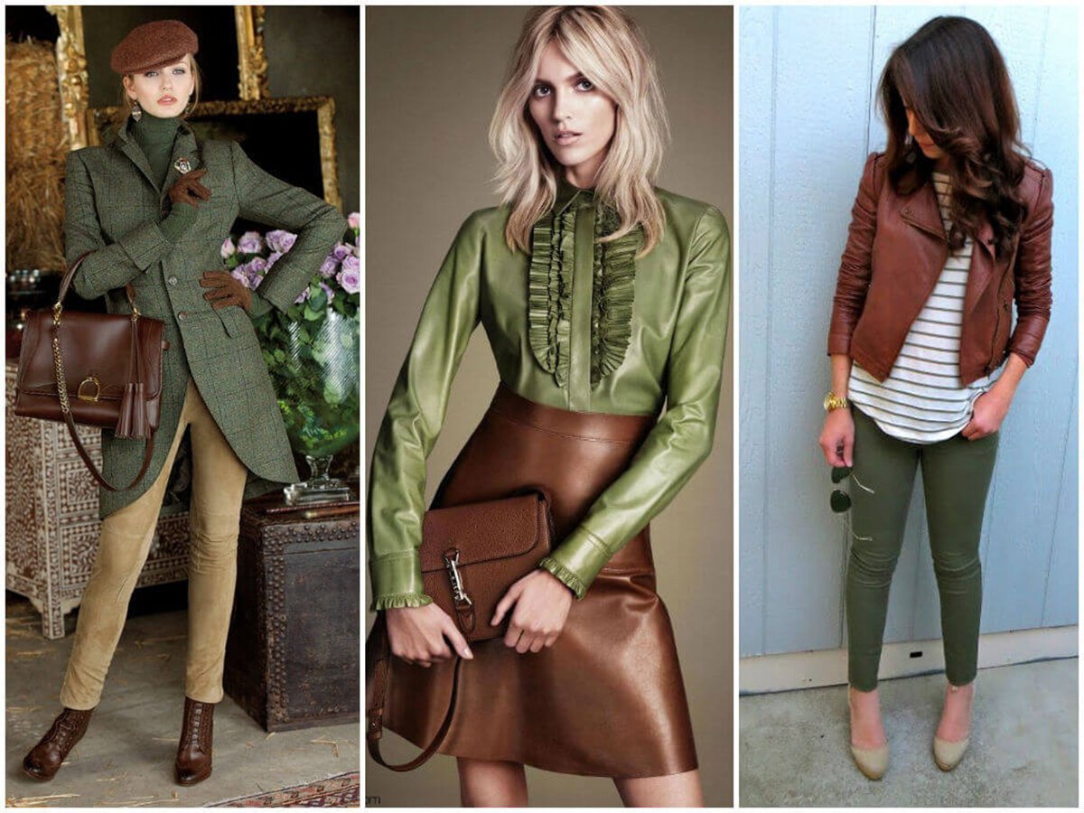 Сочетание с болотным. Цвет хаки сочетание. Коричневый с зеленым в одежде. Сочетание зеленого и коричневого в одежде. Сочетание коричневого в од.