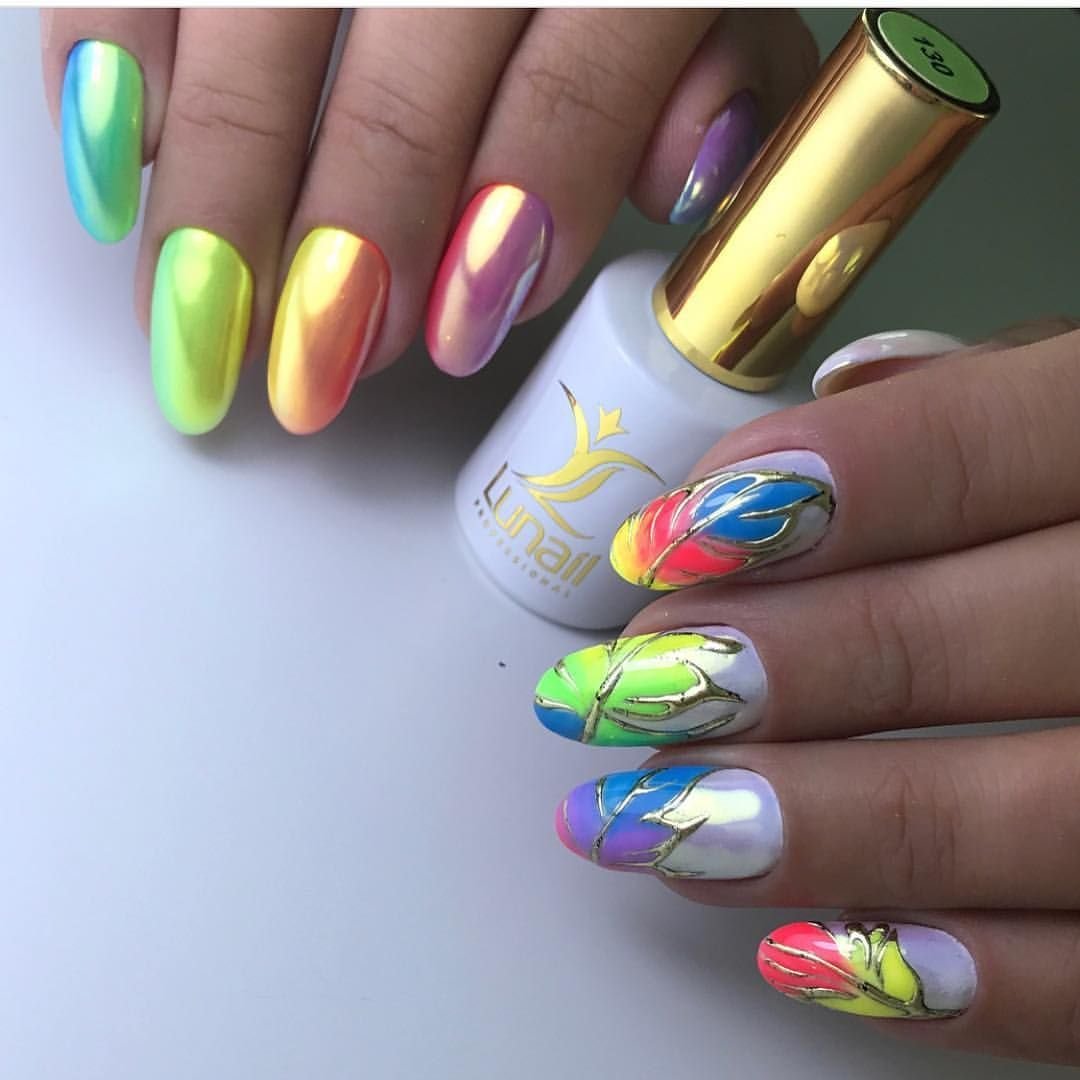 Разноцветные ногти с втиркой лето