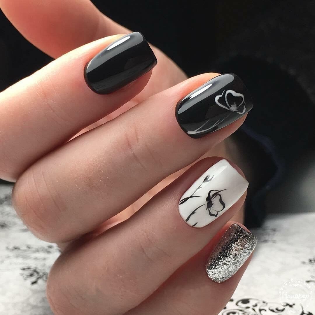 Серый с черным маникюр на квадратные ногти